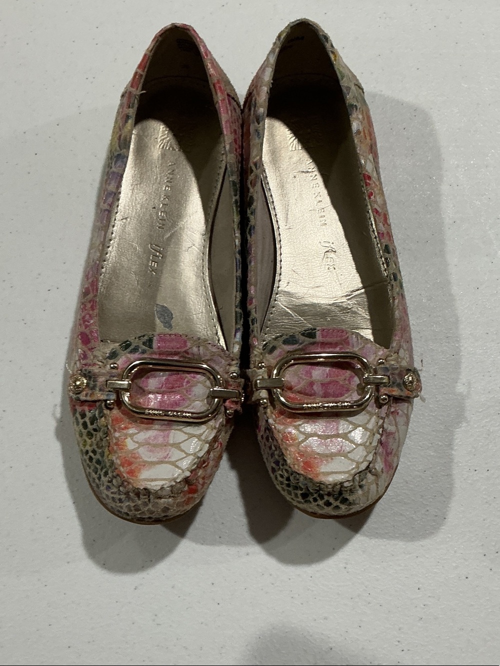 Anne Klein Pink Multi Floral Snake-Print Loafers with Gold Buckle